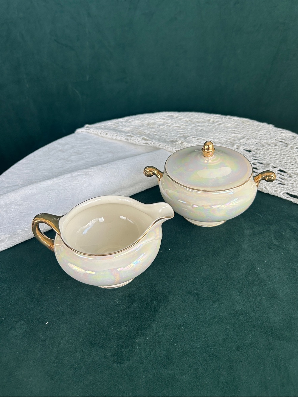 Eggshell Nautilus Lustre Porcelain Tea and Creamer Set with Gold Accent